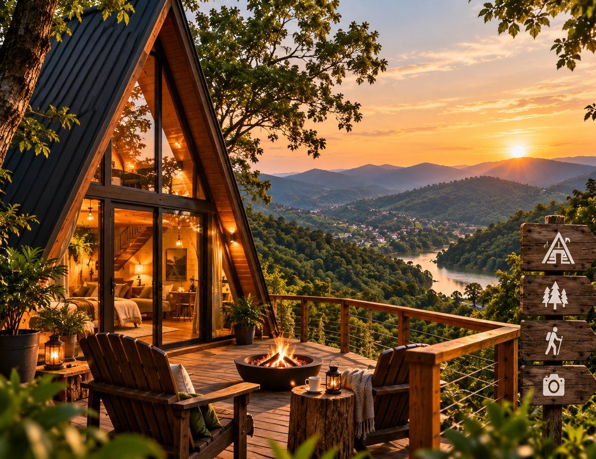 Ilustração de um chalé A-Frame iluminado ao entardecer, com deck, fogueira e vista de vale e represa