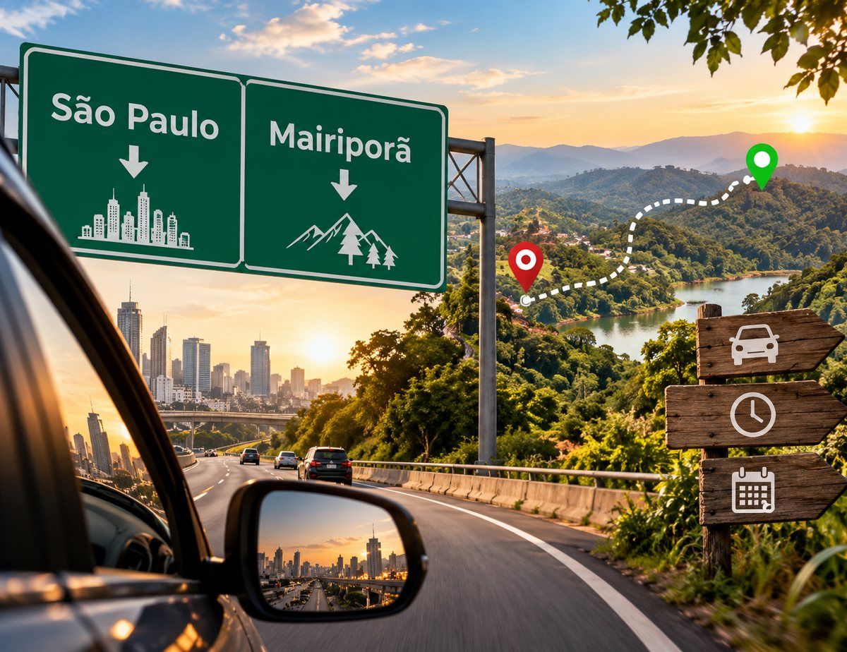Ilustração de placa de rodovia indicando São Paulo e Mairiporã, vista de dentro do carro, com a rota desenhada até a serra
