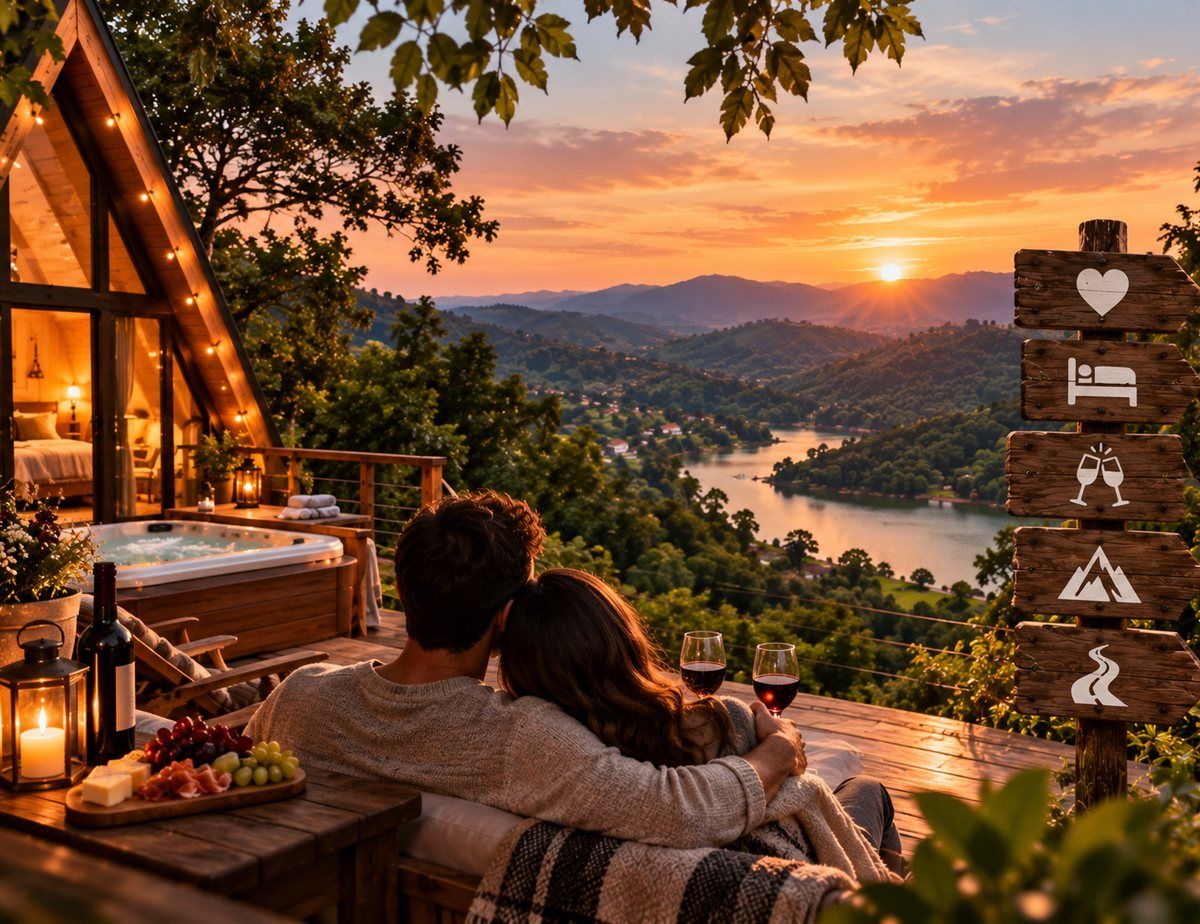 Ilustração de um casal abraçado no deck de um chalé ao pôr do sol, com taças de vinho e o vale ao fundo