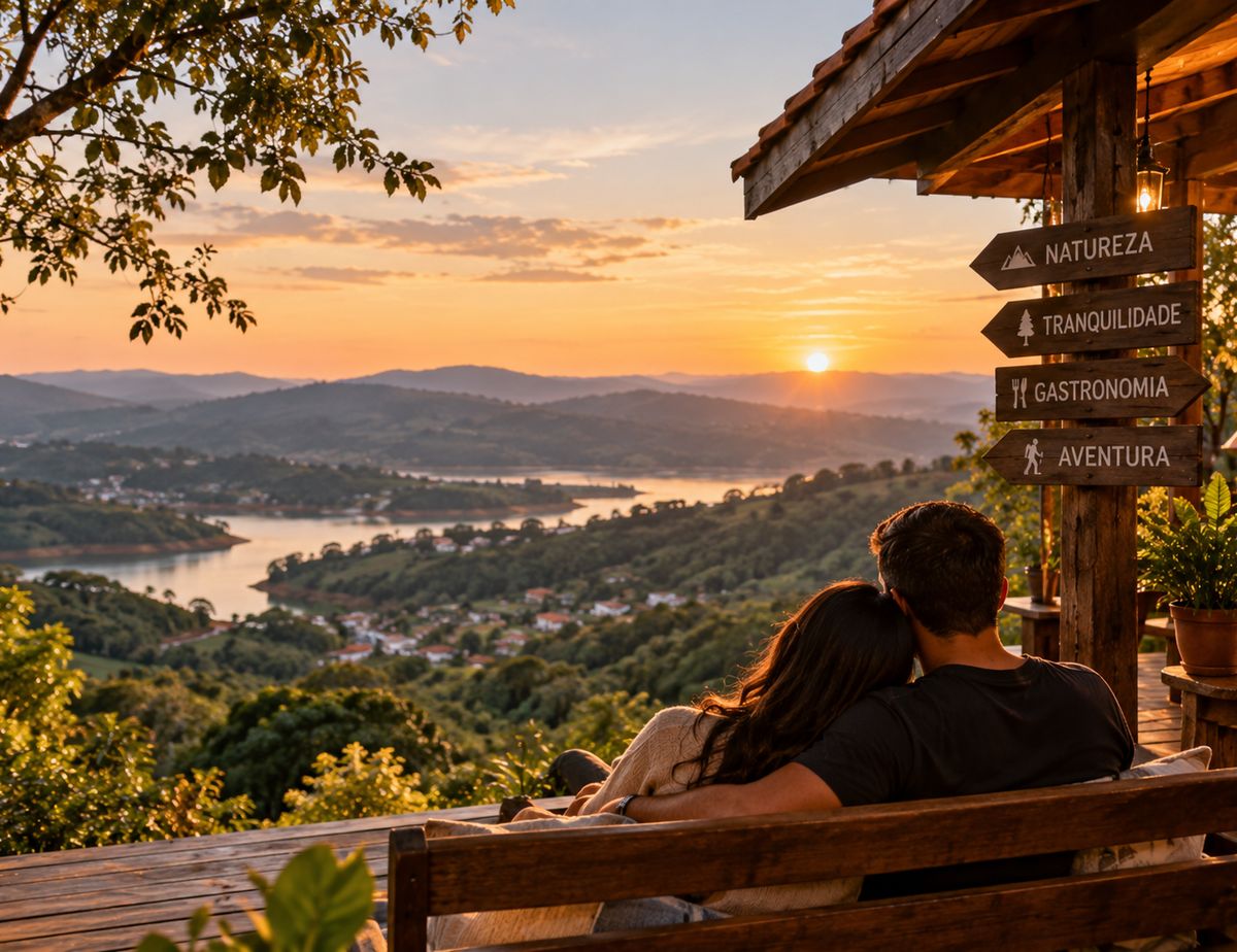 Ilustração de casal em varanda de madeira ao pôr do sol, com placa de trilhas e a represa ao fundo