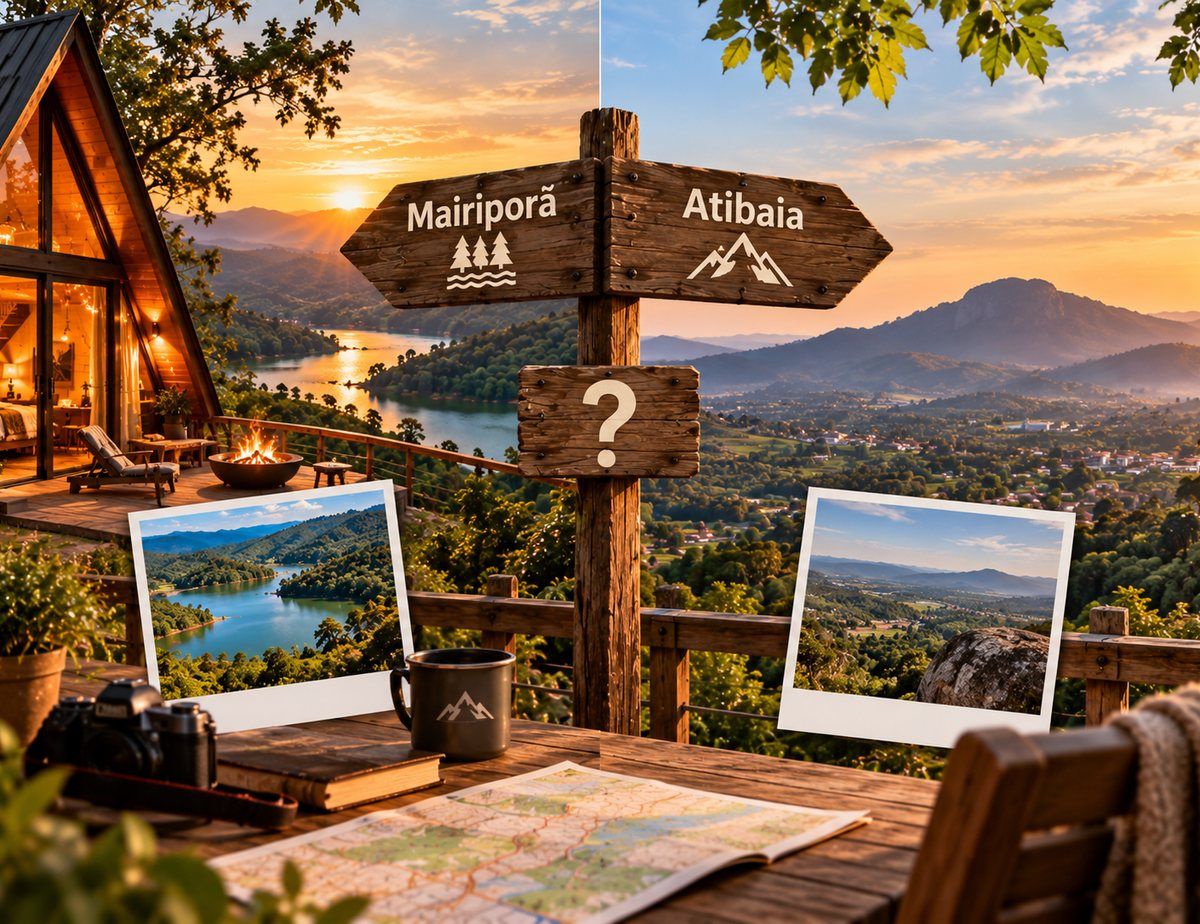 Ilustração de uma placa de madeira apontando para Mairiporã de um lado e Atibaia do outro, com as duas paisagens lado a lado