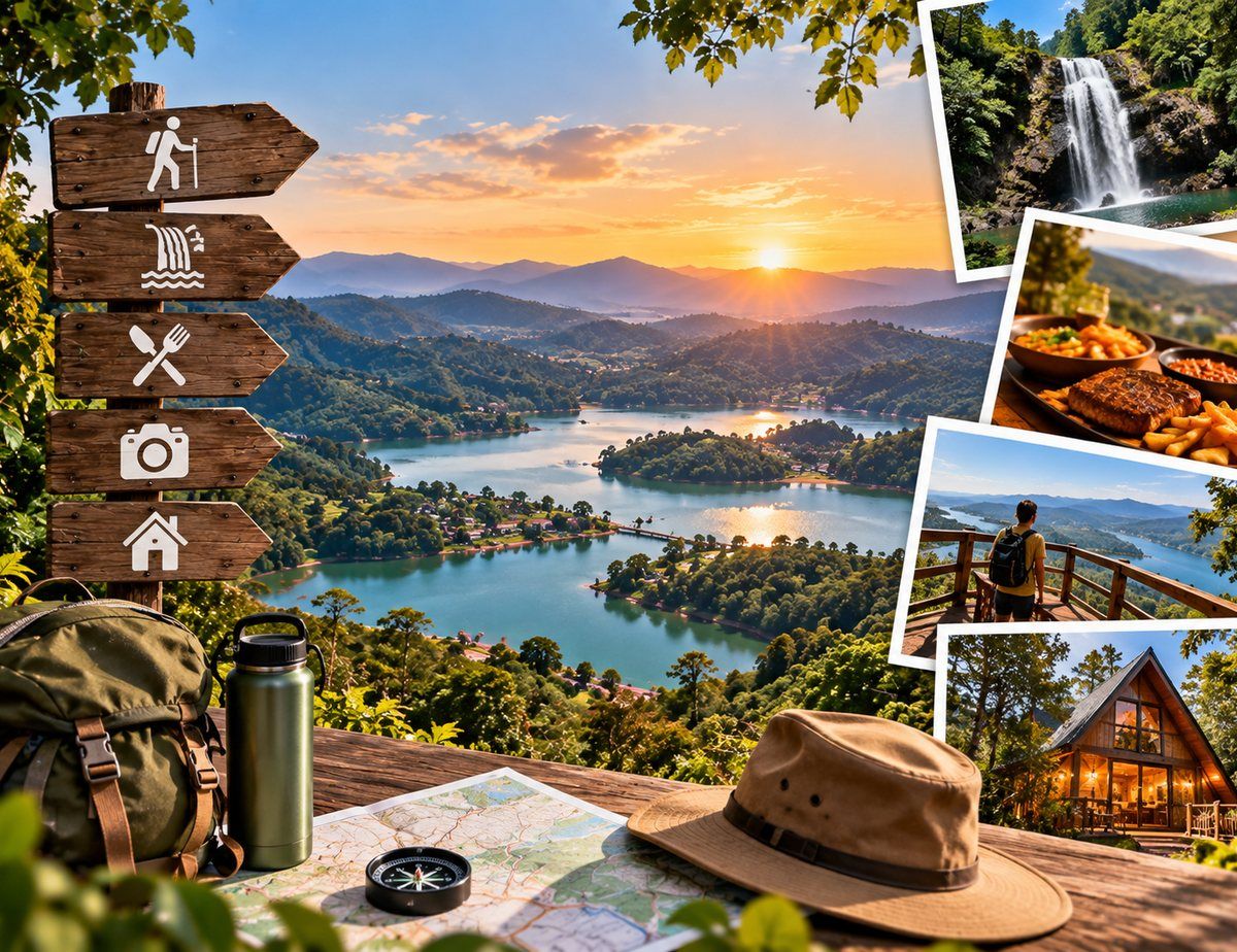 Ilustração com placa de trilhas, mochila e mapa diante de um vale com represa, ao lado de fotos de cachoeira, comida de estrada e mirante