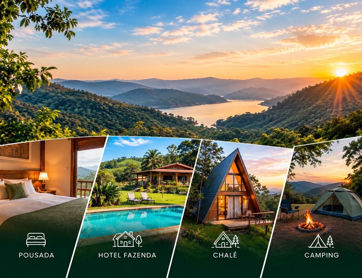 Ilustração comparando quatro tipos de hospedagem — pousada, hotel fazenda, chalé e camping — sobre uma vista do vale de Mairiporã
