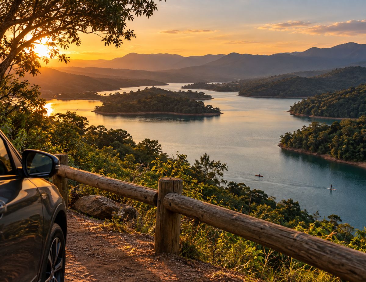 Ilustração de mirante à beira da represa, com os braços de água entre a mata ao pôr do sol