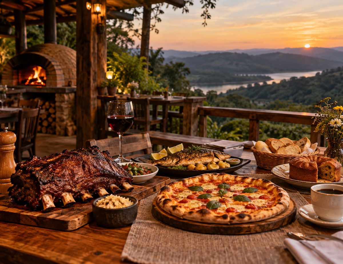 Ilustração de mesa farta com costela, peixe, pizza e pães, diante de um forno a lenha e da vista do vale